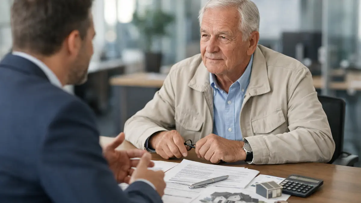 Un senior échange avec un conseiller au sujet d’un crédit immobilier