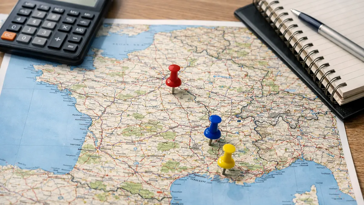 Carte de France avec repères sur Paris, Grenoble et Marseille
