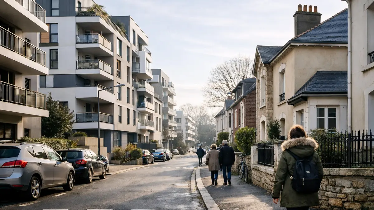 Rue à Nantes avec immeubles et maisons, illustration du marché immobilier