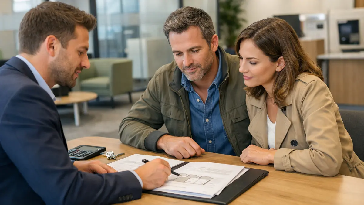 Un couple échange avec un conseiller bancaire sur un prêt immobilier