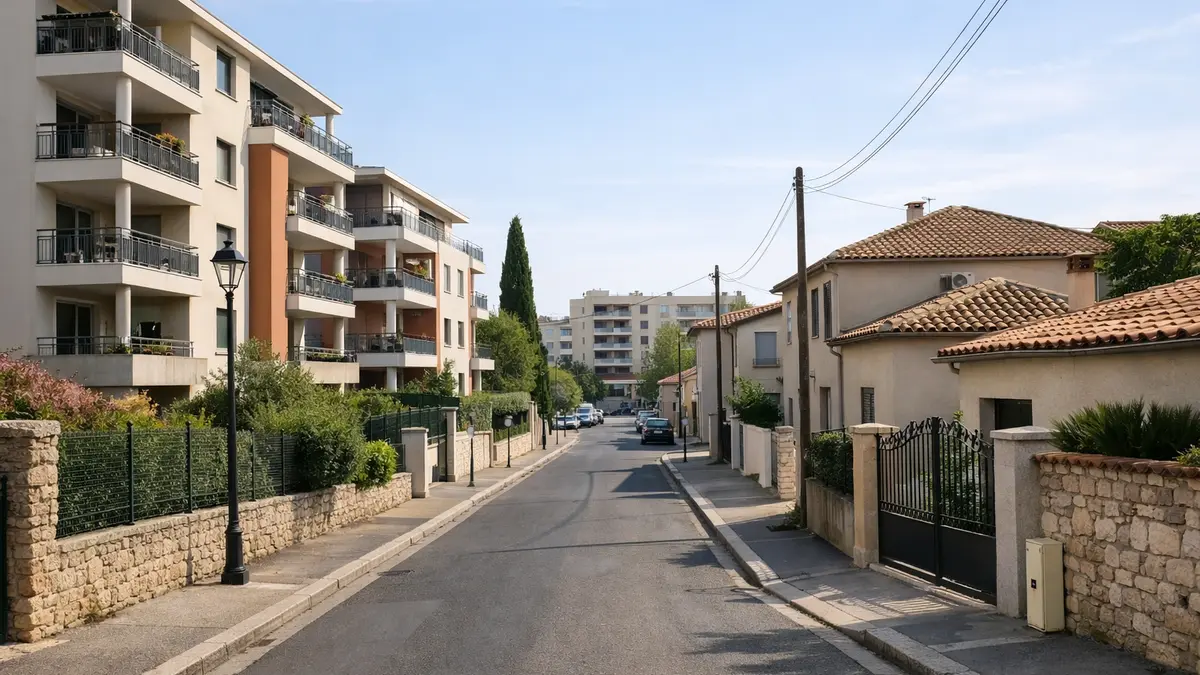 Rue résidentielle à Nîmes avec appartements et maisons