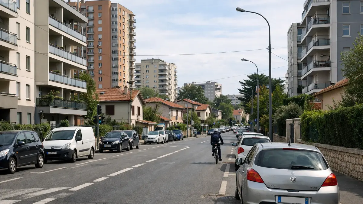 Rue résidentielle à Villeurbanne entre immeubles et maisons