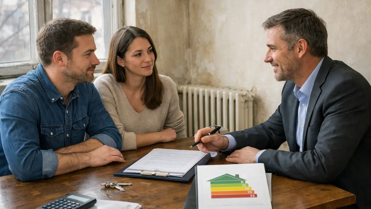 Acheteurs et conseiller bancaire évaluant un logement à rénover
