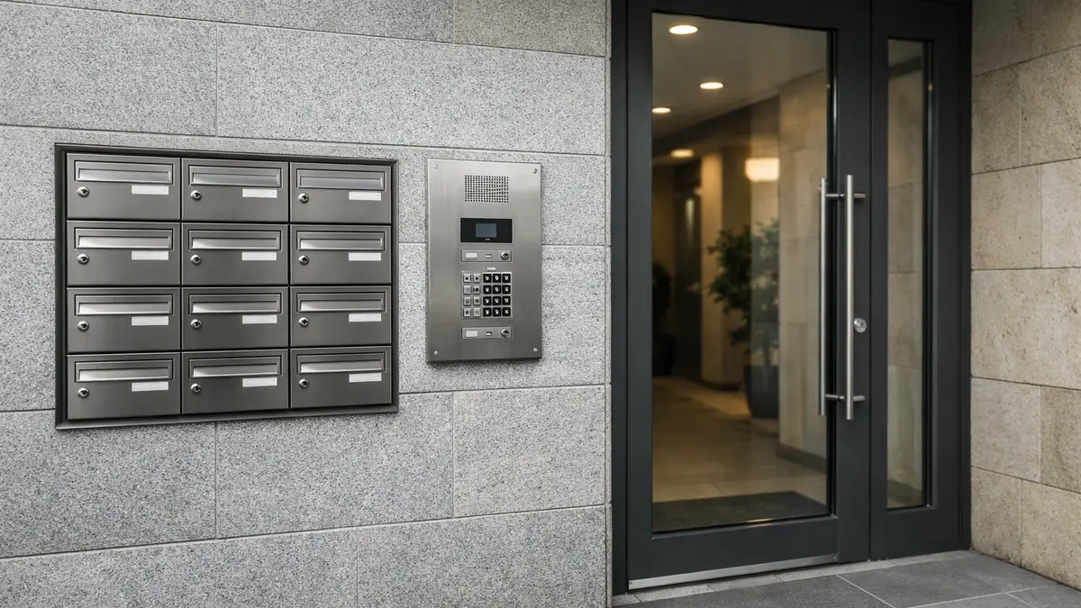 Entrée d’un immeuble en copropriété en ville