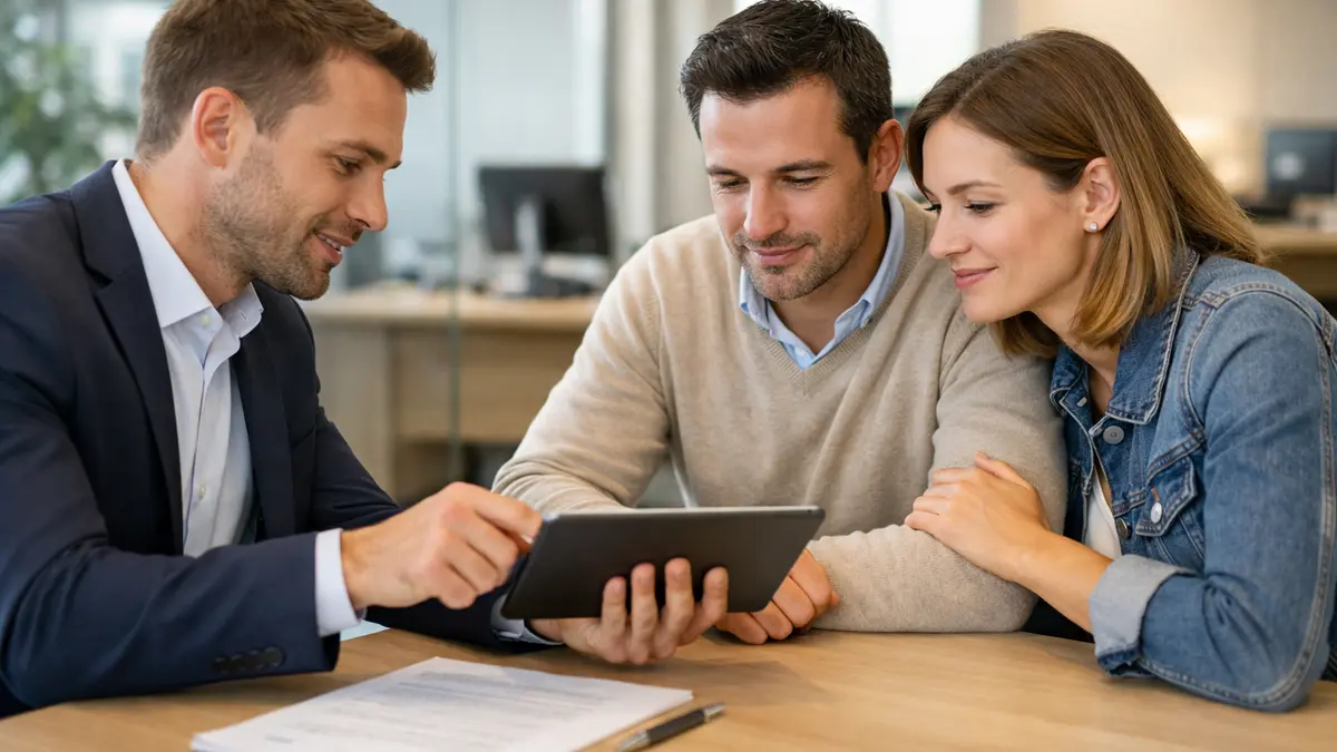 Conseiller bancaire présentant une simulation de prêt immobilier