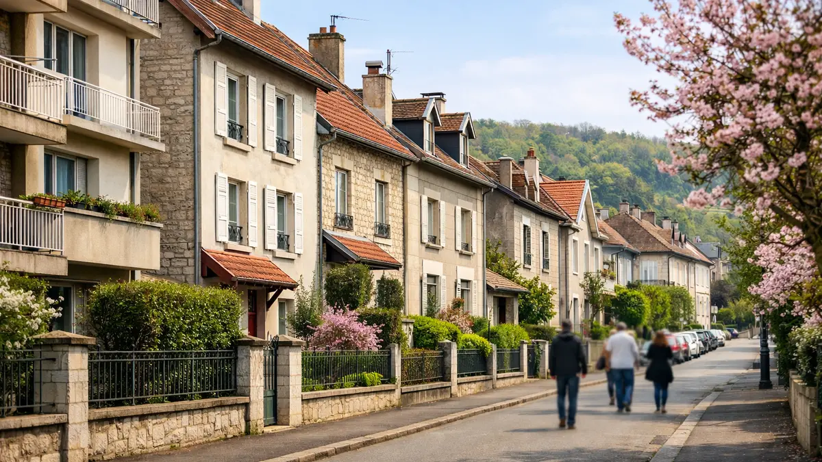 Rue résidentielle à Besançon avec maisons et immeubles