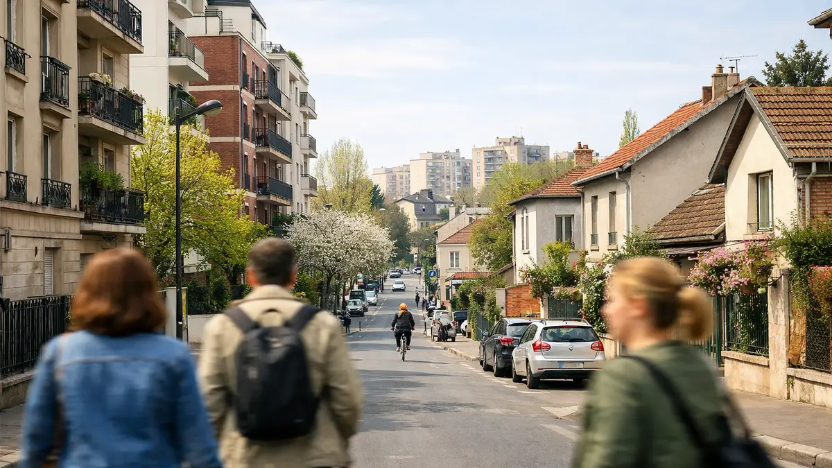 Rue résidentielle à Montreuil avec immeubles et maisons