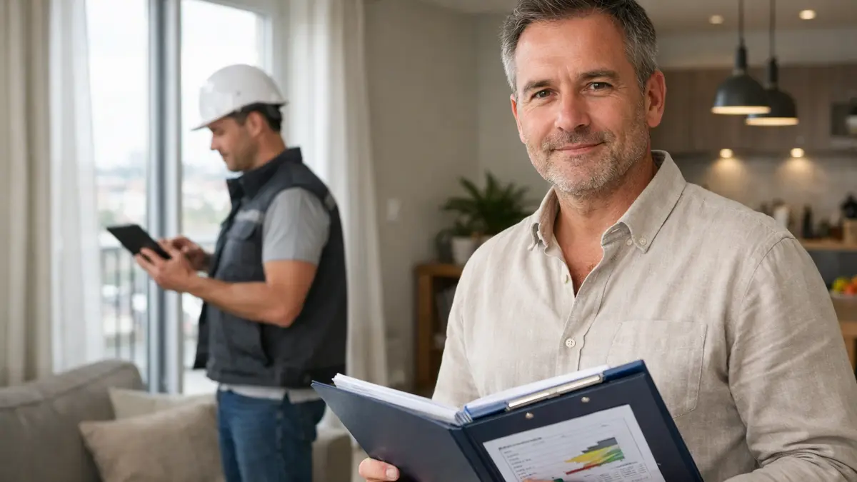 Propriétaire et diagnostiqueur réalisant un DPE dans un logement