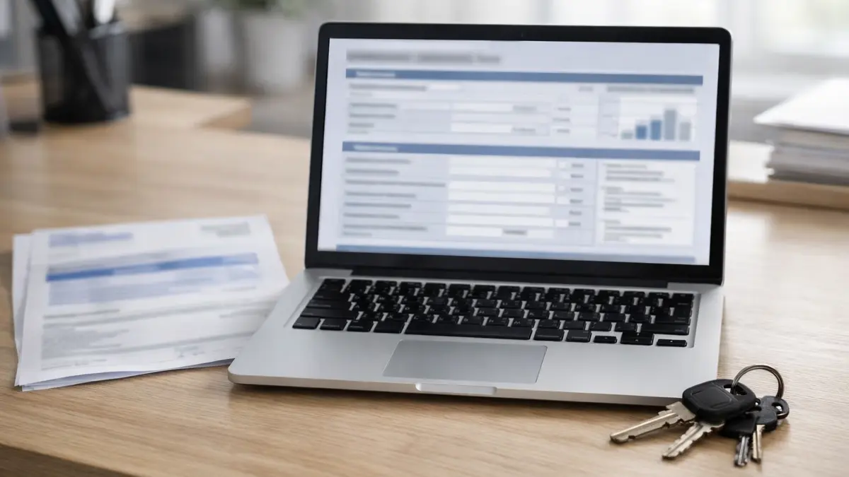 Ordinateur et clés devant un document fiscal flouté