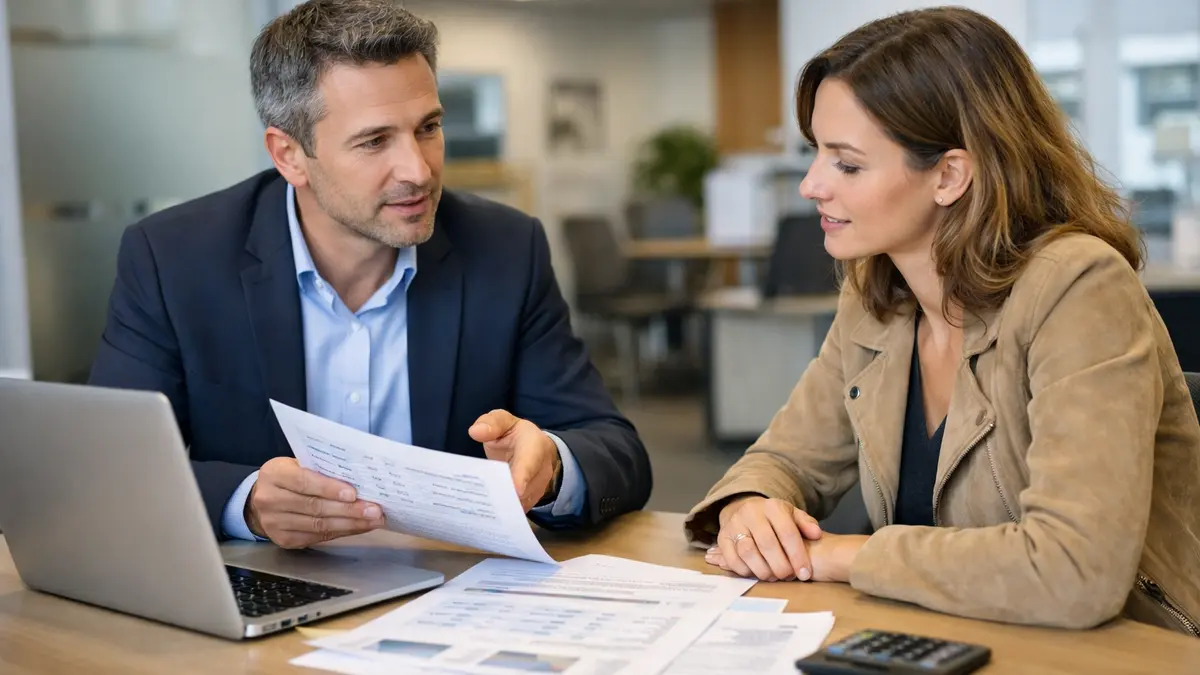 Une entrepreneuse échange avec un conseiller bancaire sur un prêt immobilier