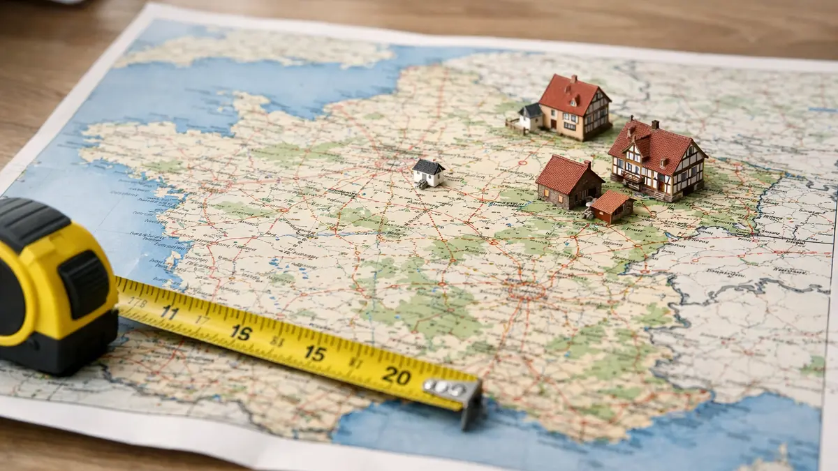 Carte de France avec mètre ruban et maisons miniatures