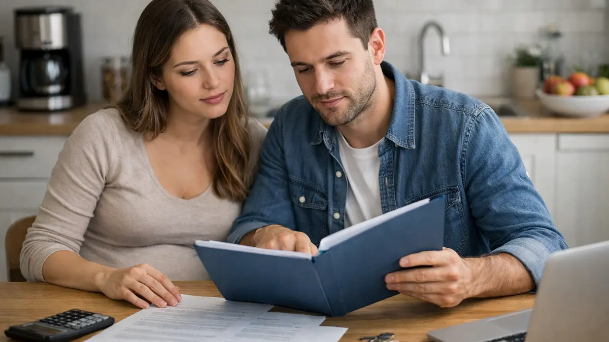 Couple de futurs parents avec un dossier de prêt immobilier
