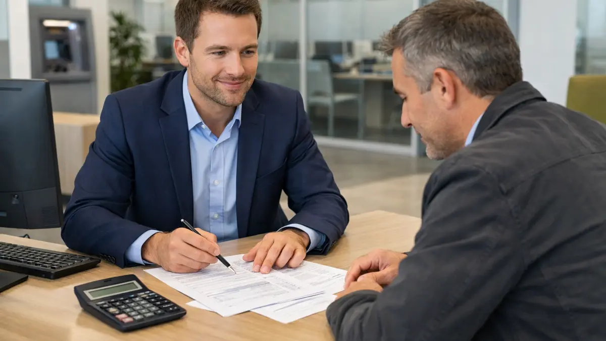 Client et conseiller bancaire en agence, documents de crédit sur la table