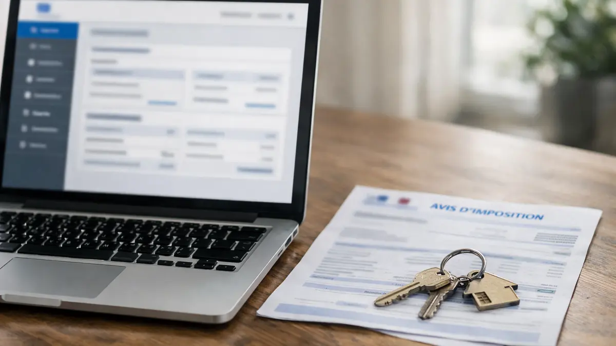 Ordinateur ouvert sur un espace fiscal en ligne et clés de logement