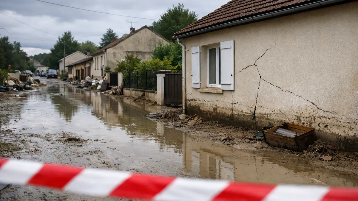 Rue inond&eacute;e et fa&ccedil;ade de maison avec fissures apr&egrave;s intemp&eacute;ries