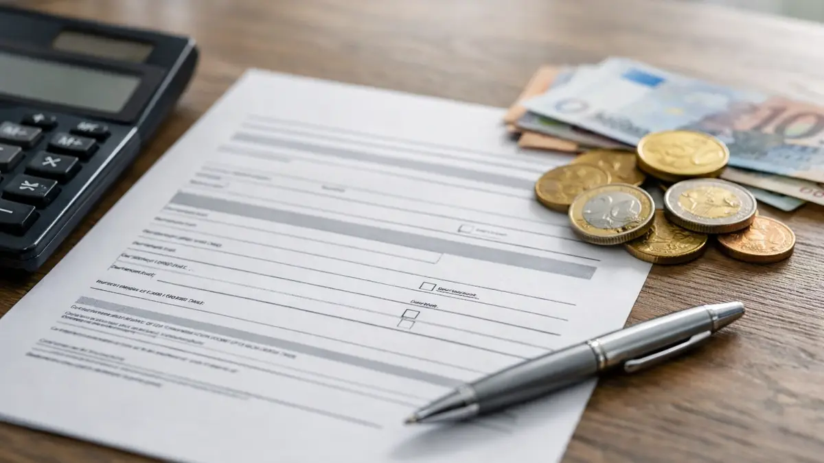 Contrat d&rsquo;assurance et calculatrice avec des pi&egrave;ces en euros