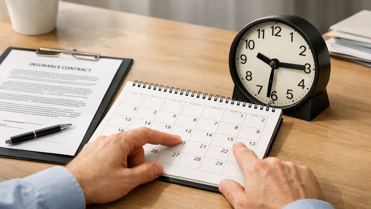 Contrat d&rsquo;assurance, calendrier et horloge illustrant une attente