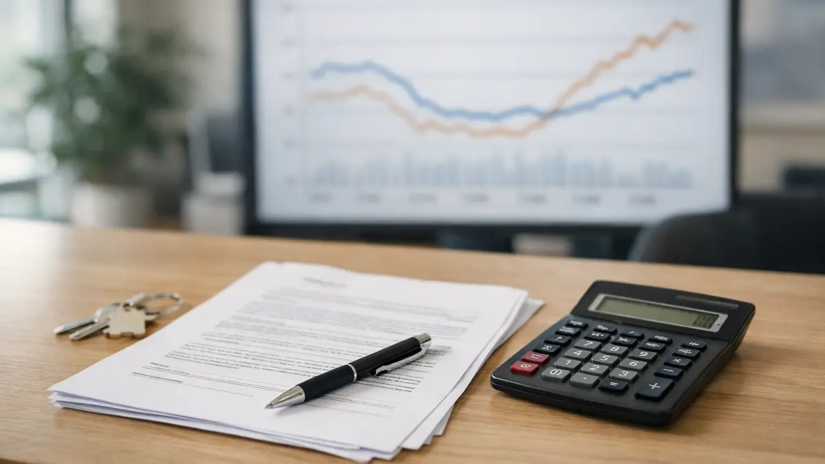 Dossier de pr&ecirc;t immobilier et calculatrice sur un bureau